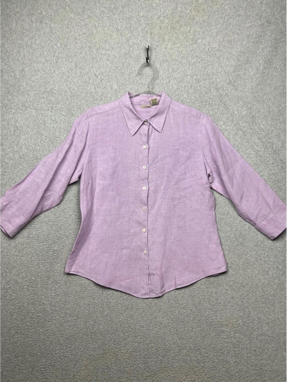 L.L Bean Linen Button Up Blouse Shirt Womens M Coastal Simple Beach Purple Light
